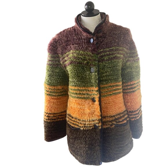 Vintage Womens Jacket Size Medium Multicolor Knitted Fur Leather Trim Custom - Picture 11 of 12